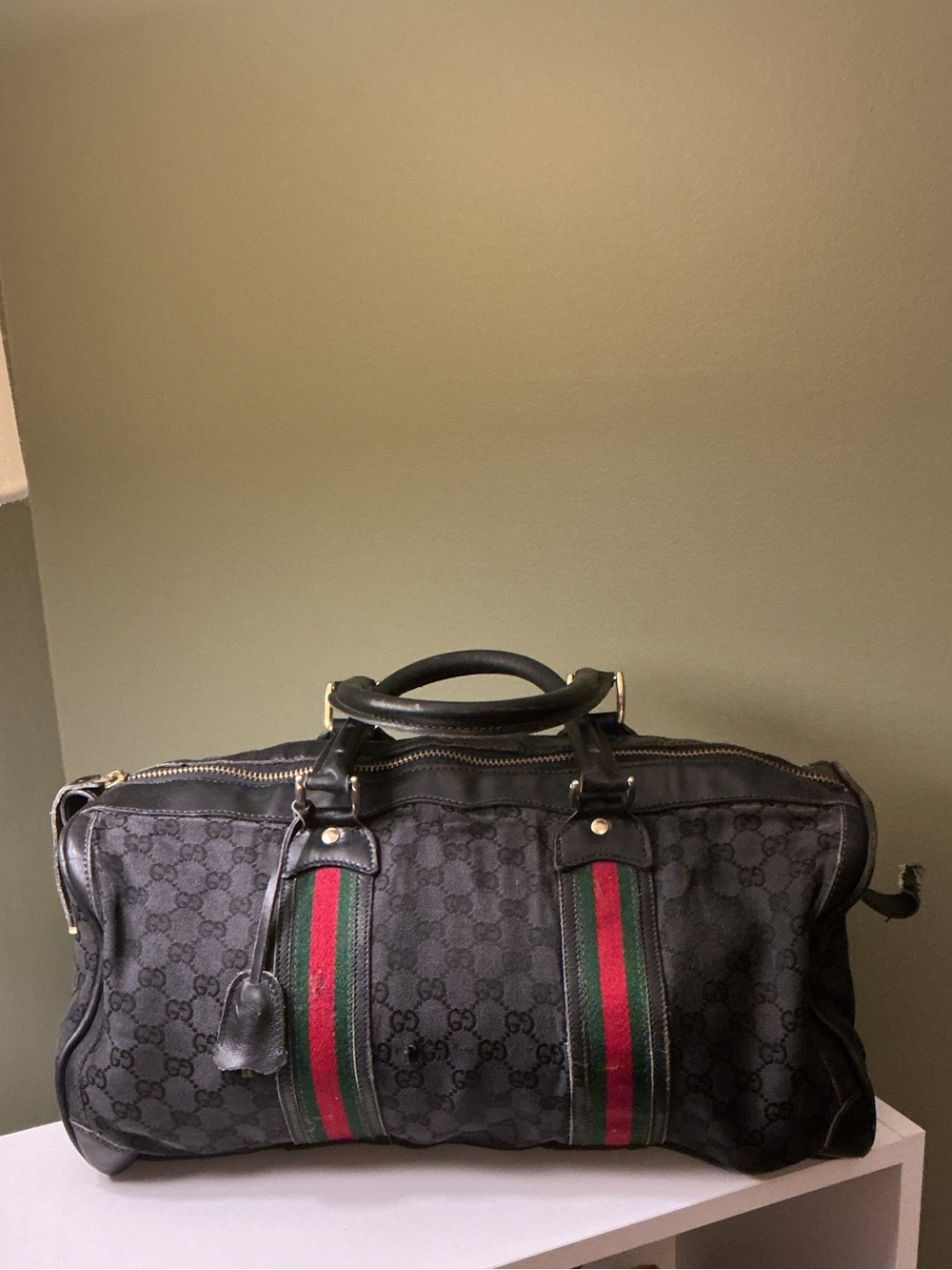 Gucci Vintage Black GG Canvas Web Boston Duffel Bag with Green and Red Web COA